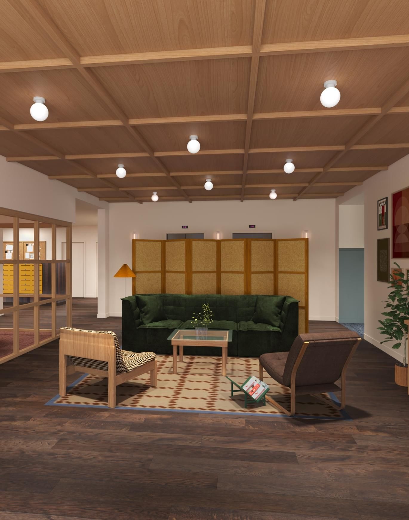 a clubroom with a couch, tables and chairs